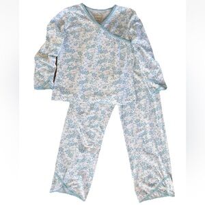 Garnet Hill Green Cotton Blue Floral Print Pajama Set Size XS